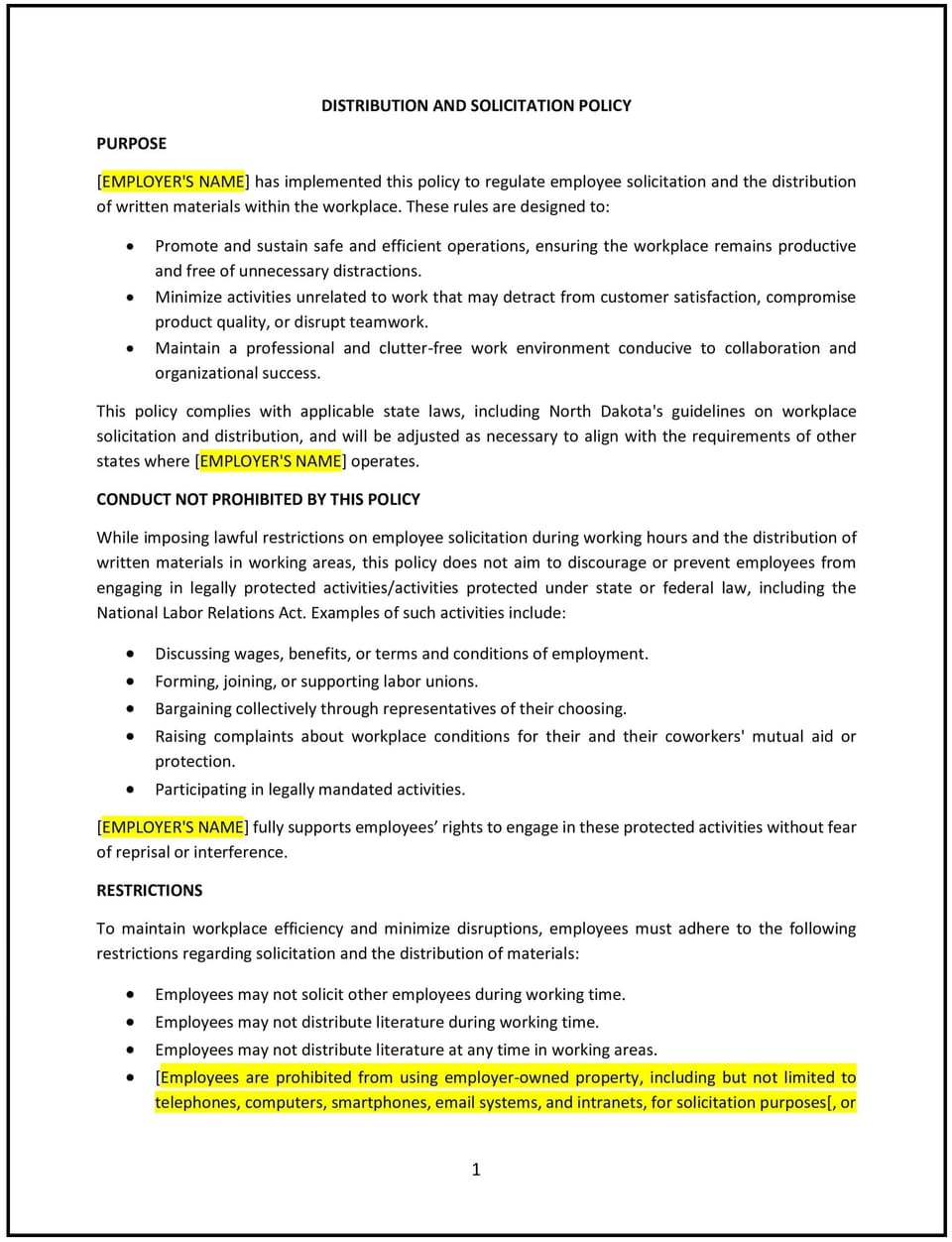 Distribution and solicitation policy (North Dakota): Free template