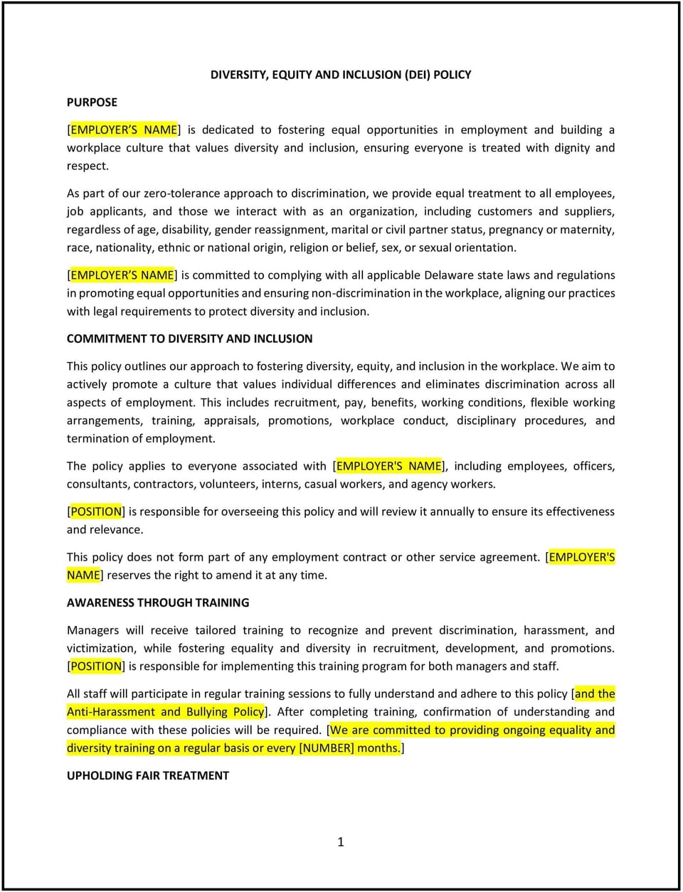 Diversity, equity and inclusion (DEI) policy (Delaware): Free template
