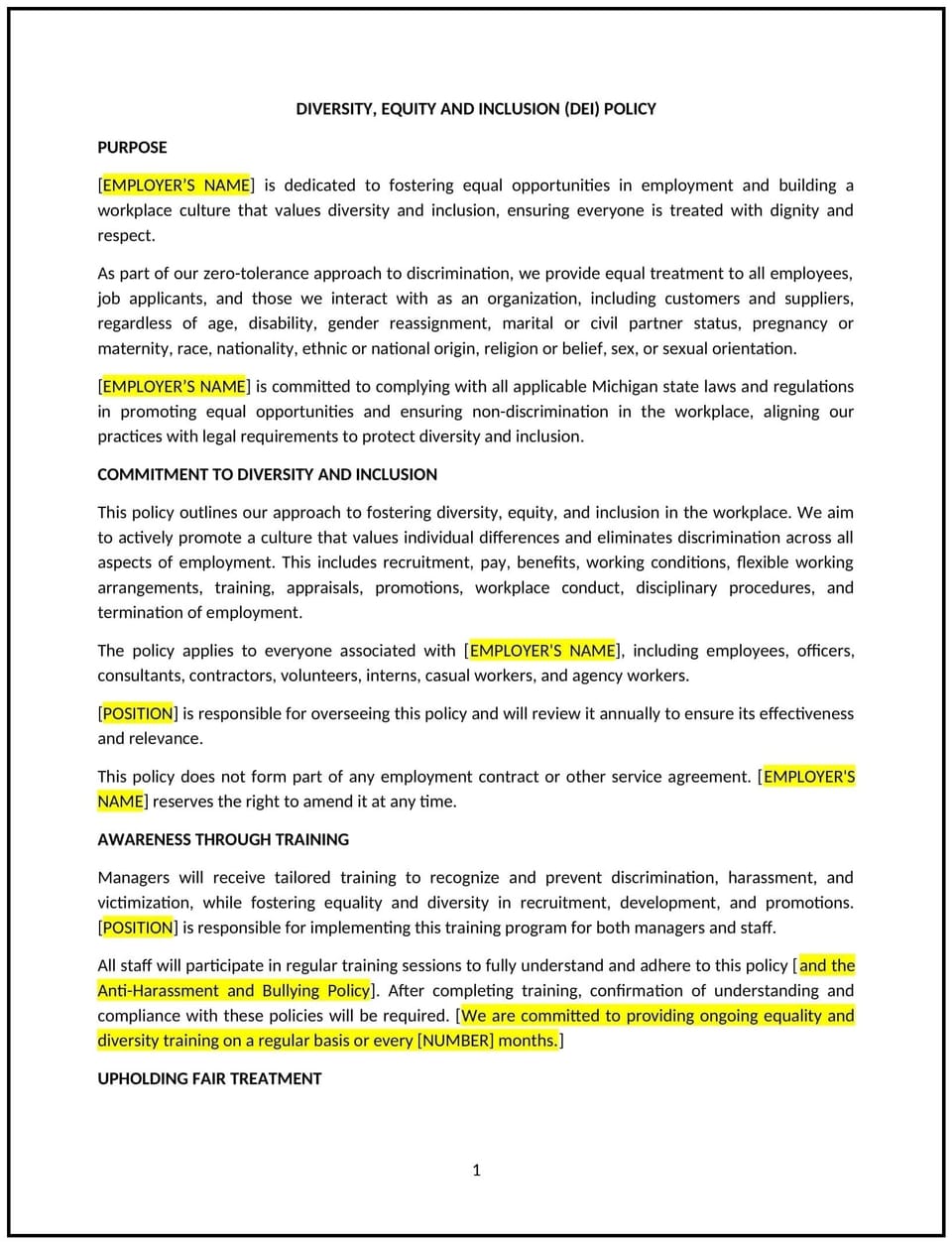 Diversity, equity and inclusion (DEI) policy (Michigan): Free template