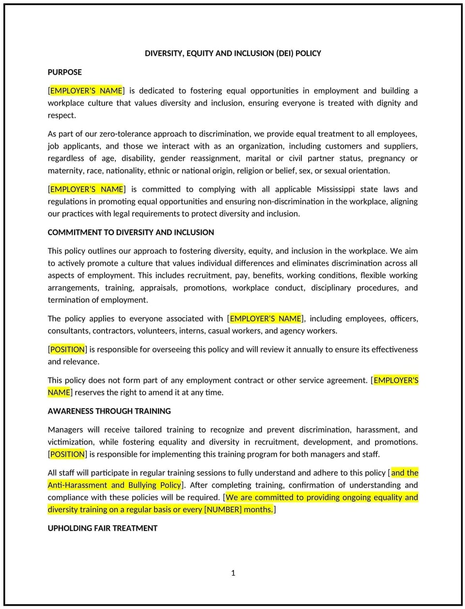 Diversity, equity, and inclusion (DEI) policy (Mississippi): Free template