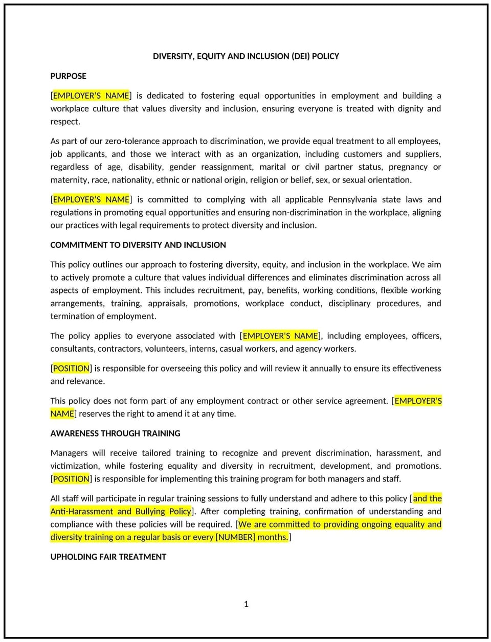 Diversity, equity and inclusion (DEI) policy (Pennsylvania): Free template