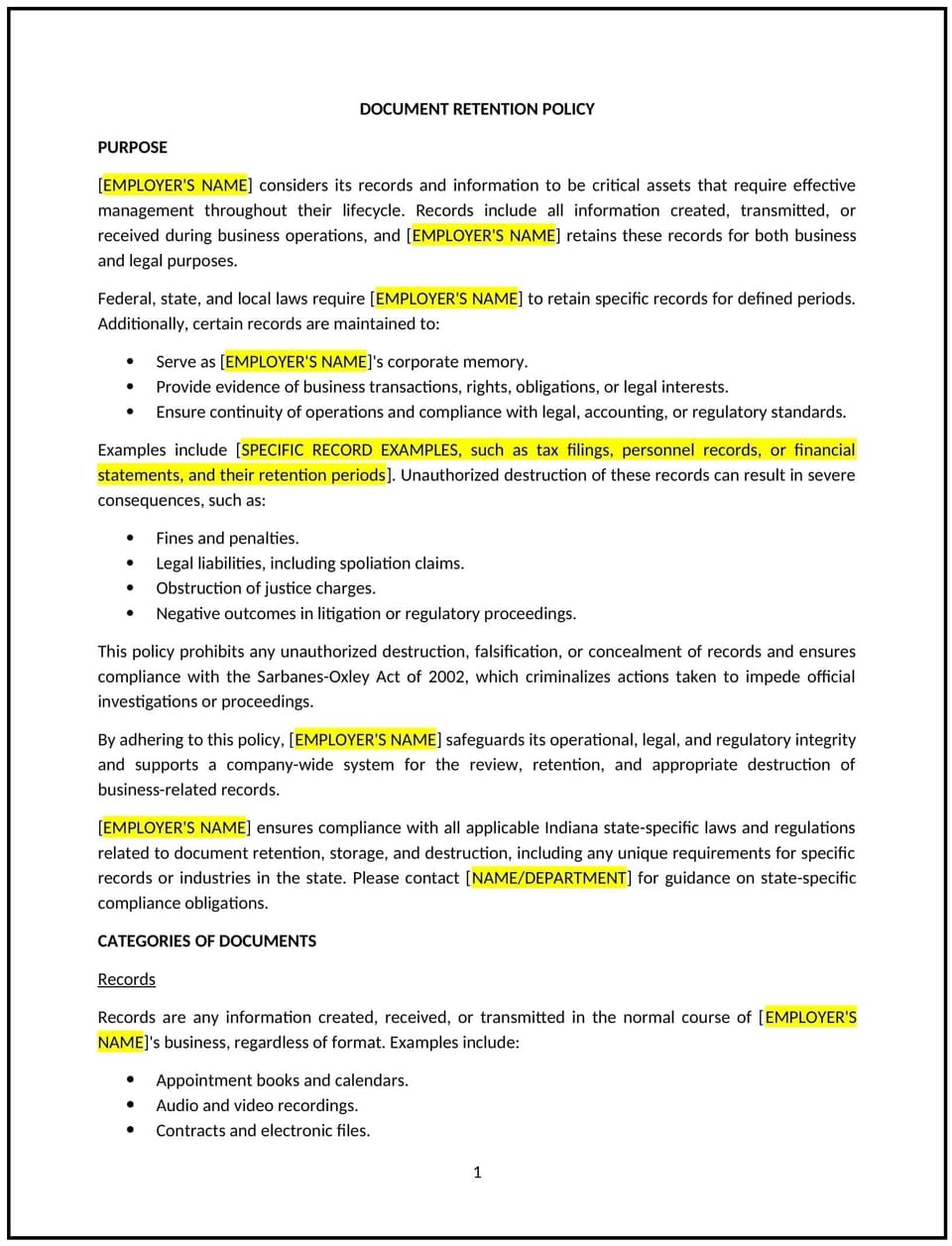 Document retention policy (Indiana): Free template