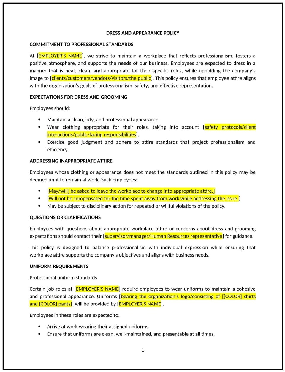 Dress and appearance policy (Indiana): Free template