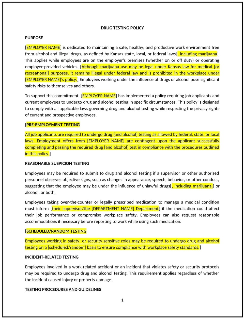Drug testing policy (Kansas): Free template
