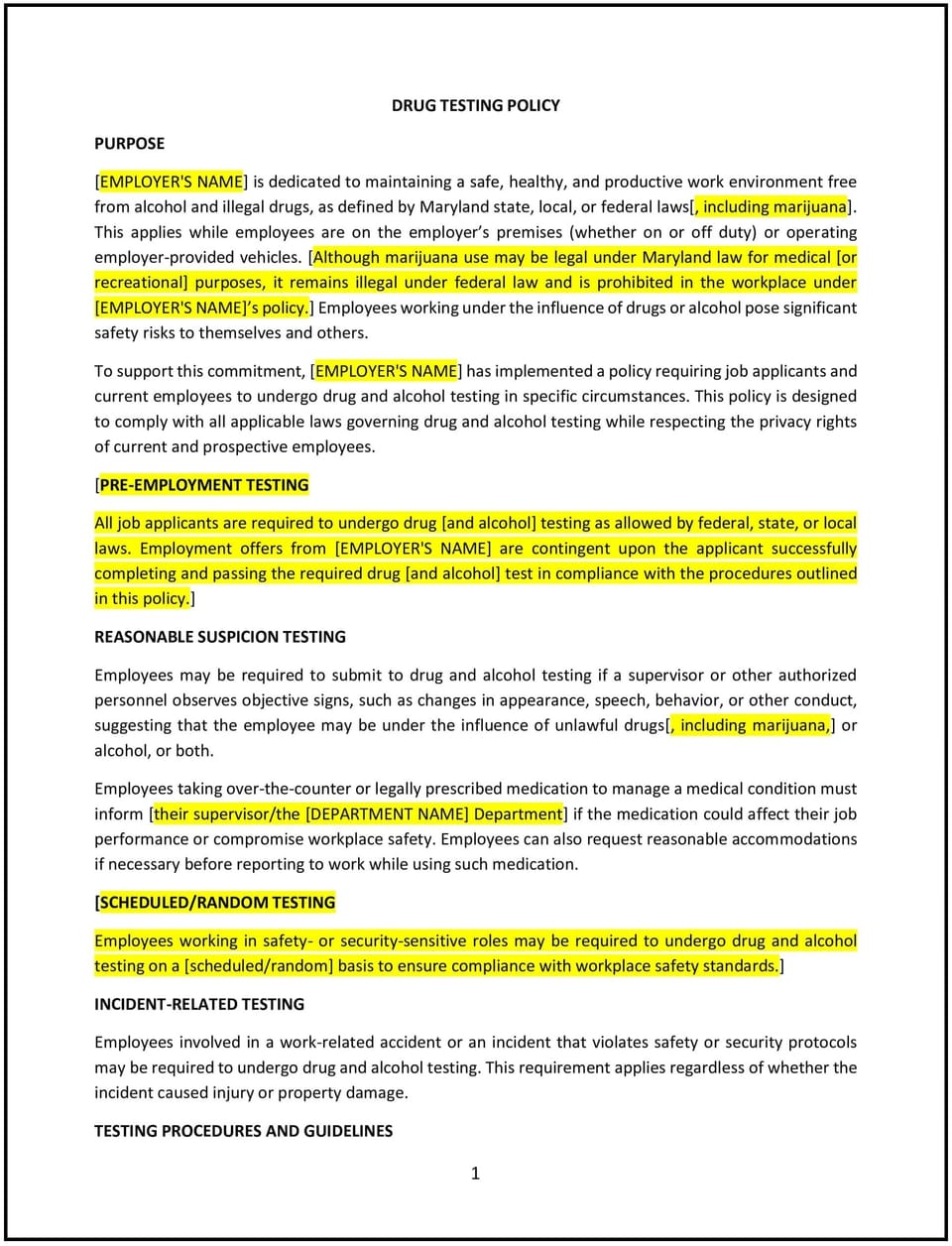 Drug testing policy (Maryland): Free template