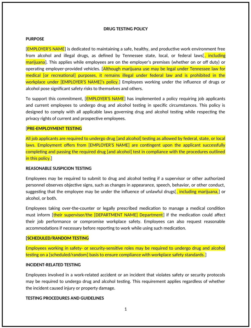 Drug testing policy (Tennessee): Free template