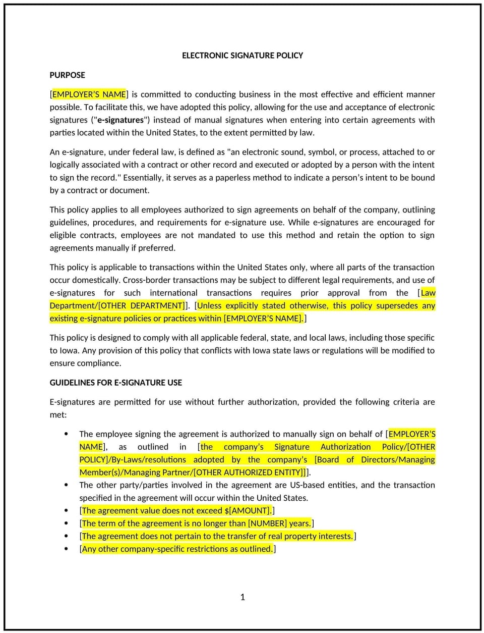 Electronic signature policy (Iowa): Free template