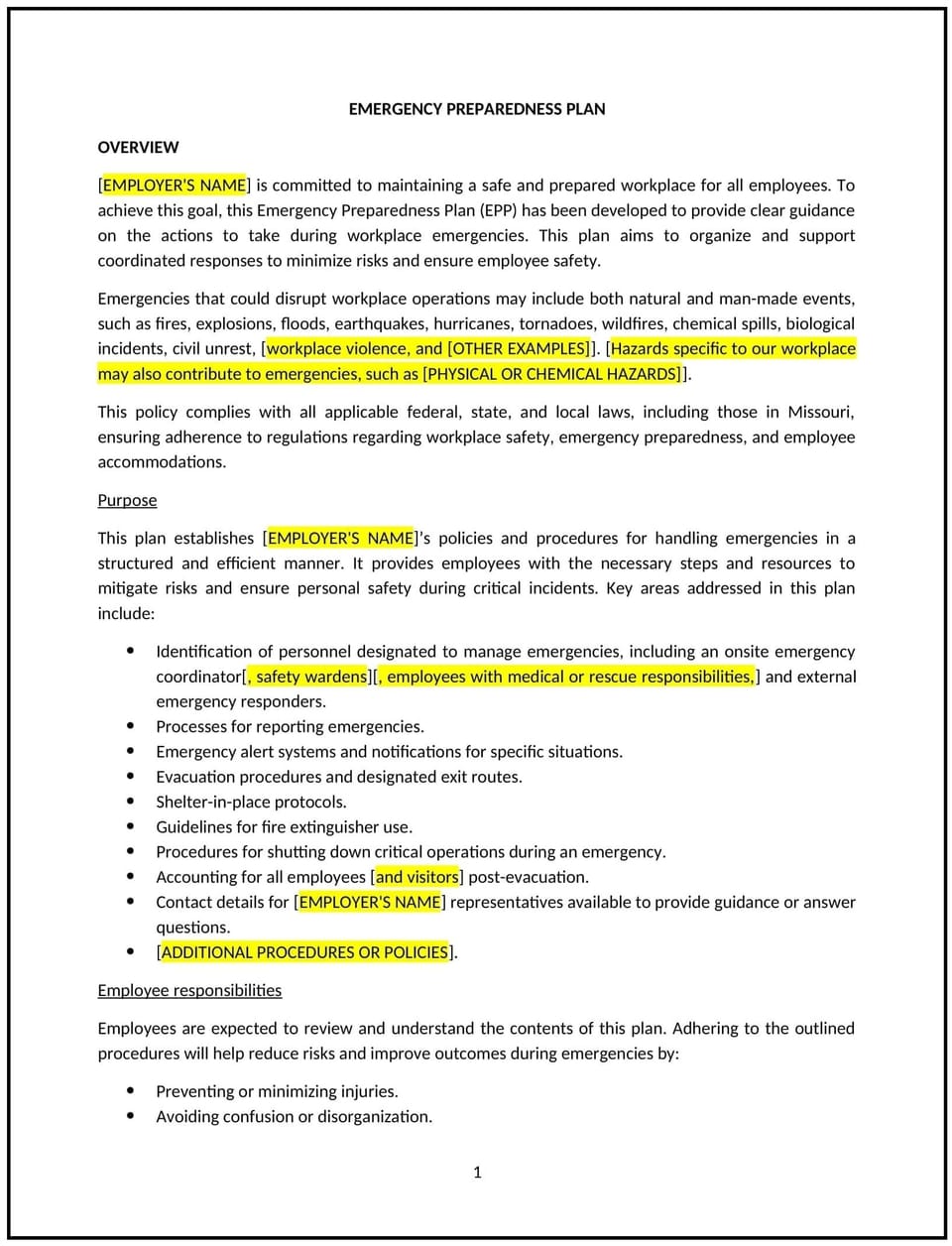 Emergency preparedness plan (Missouri): Free template