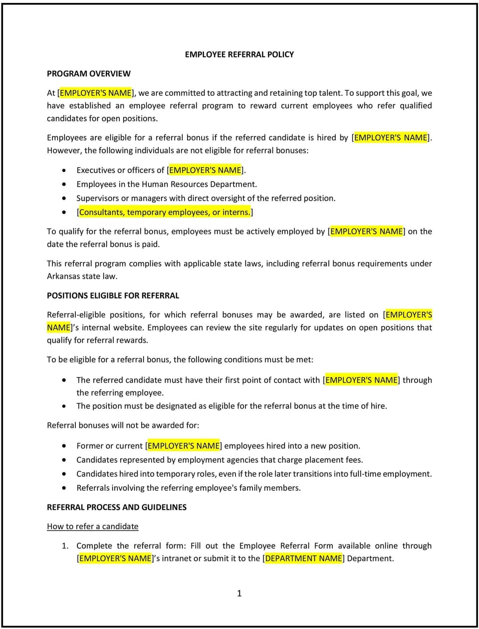 Employee referral policy (Arkansas): Free template