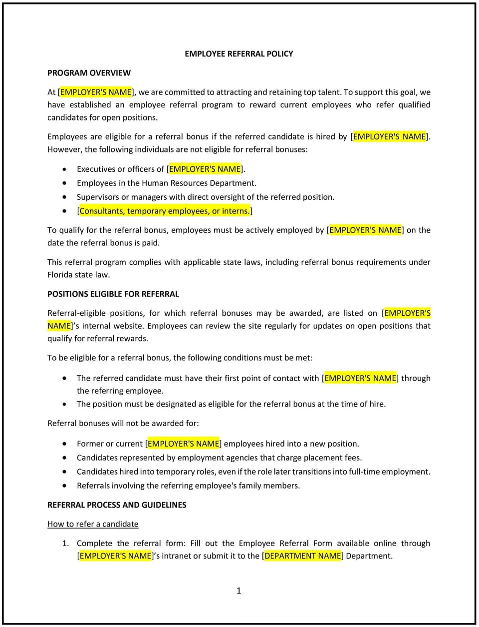 Employee referral policy (Florida): Free template