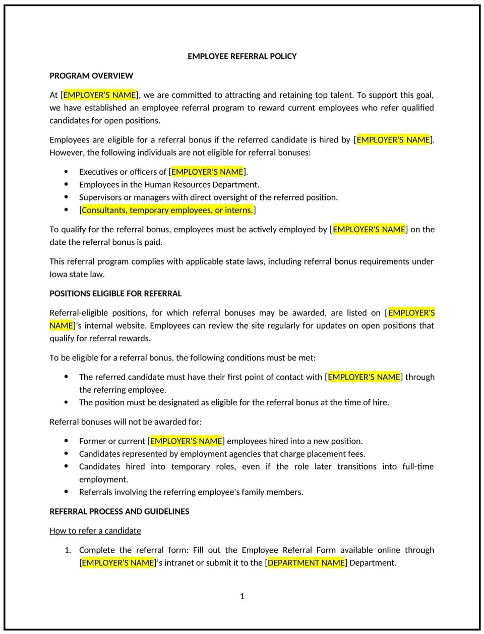 Employee referral policy (Iowa): Free template
