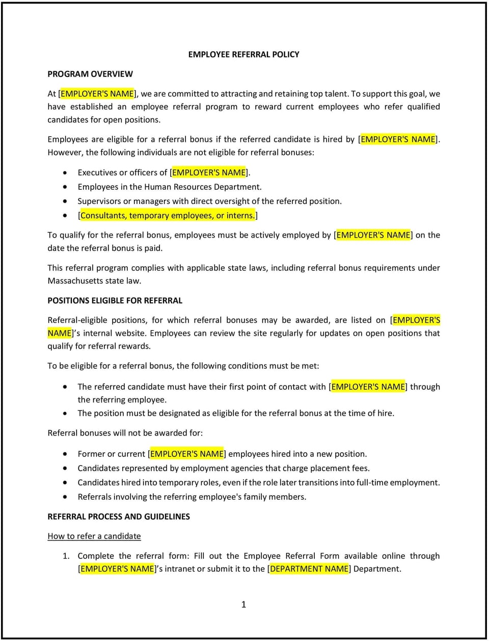 Employee referral policy (Massachusetts): Free template