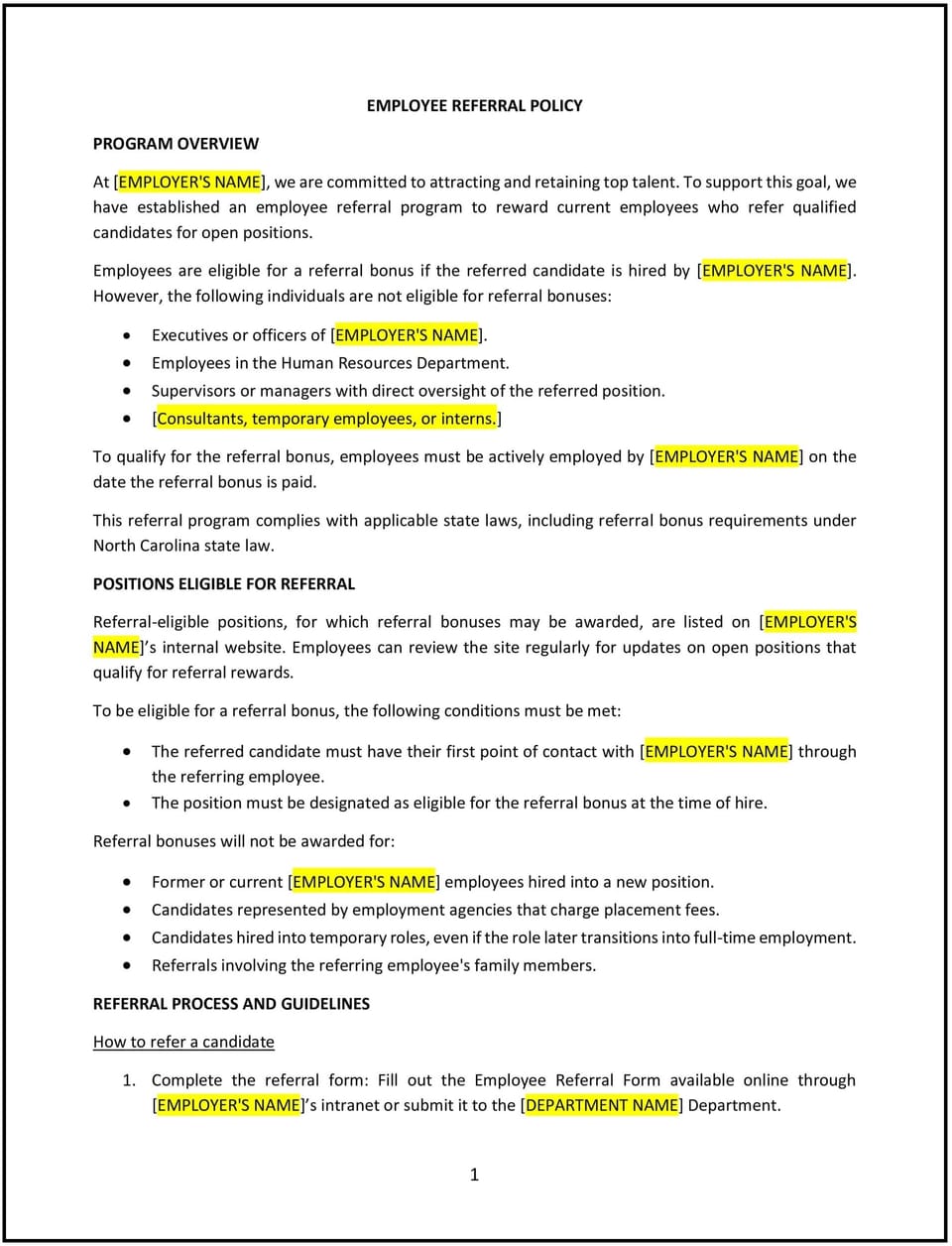 Employee referral policy (North Carolina): Free template