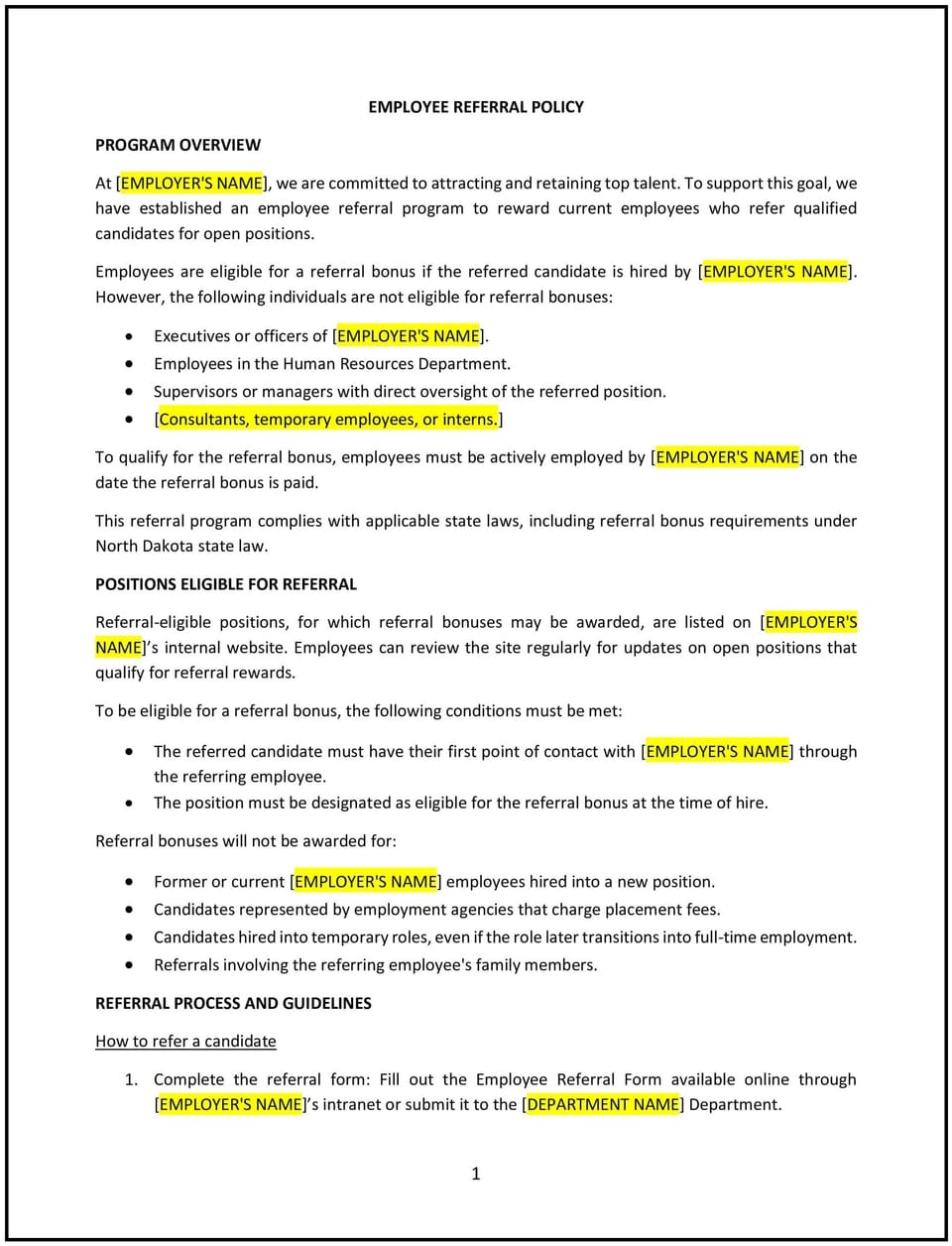 Employee referral policy (North Dakota): Free template