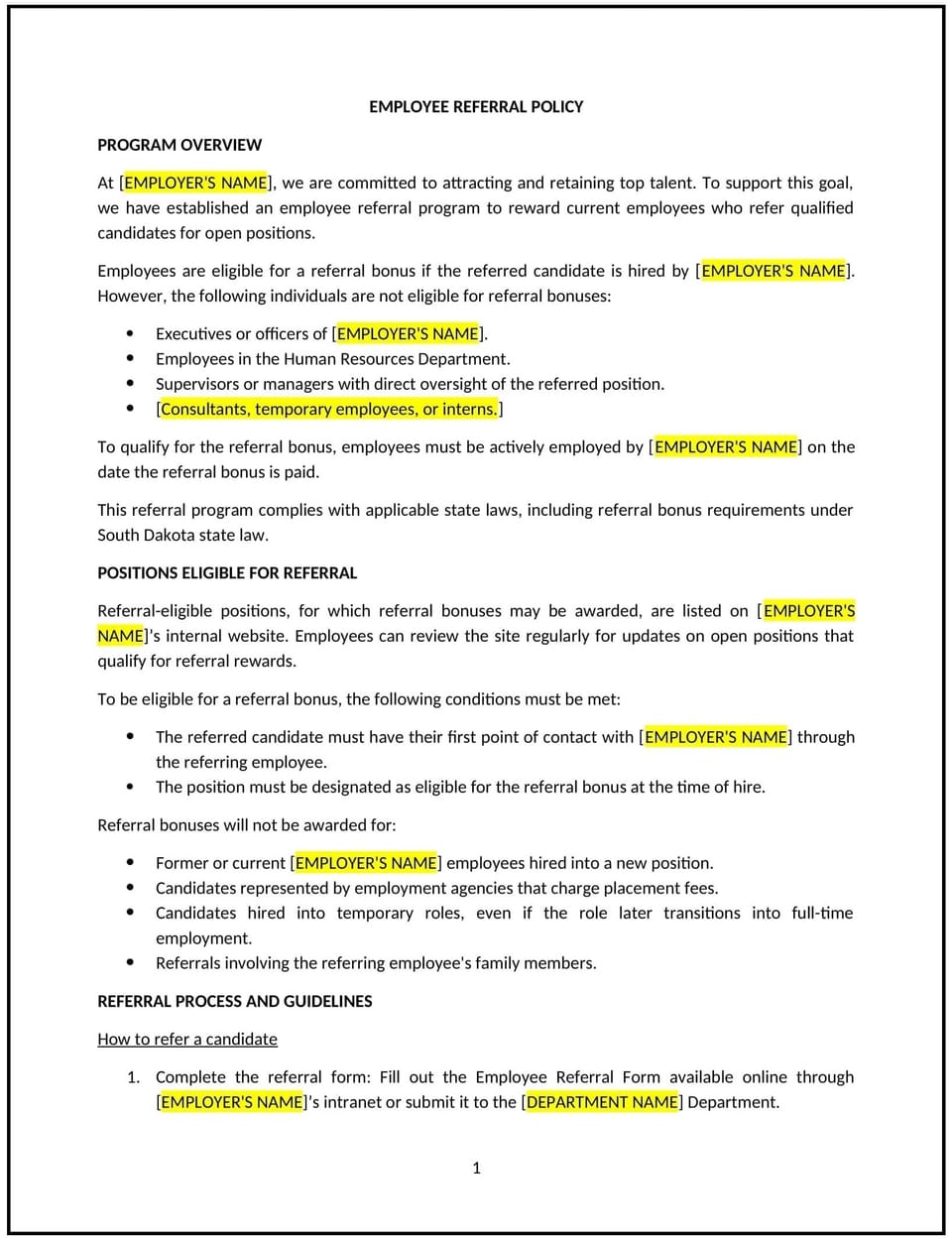 Employee referral policy (South Dakota): Free template