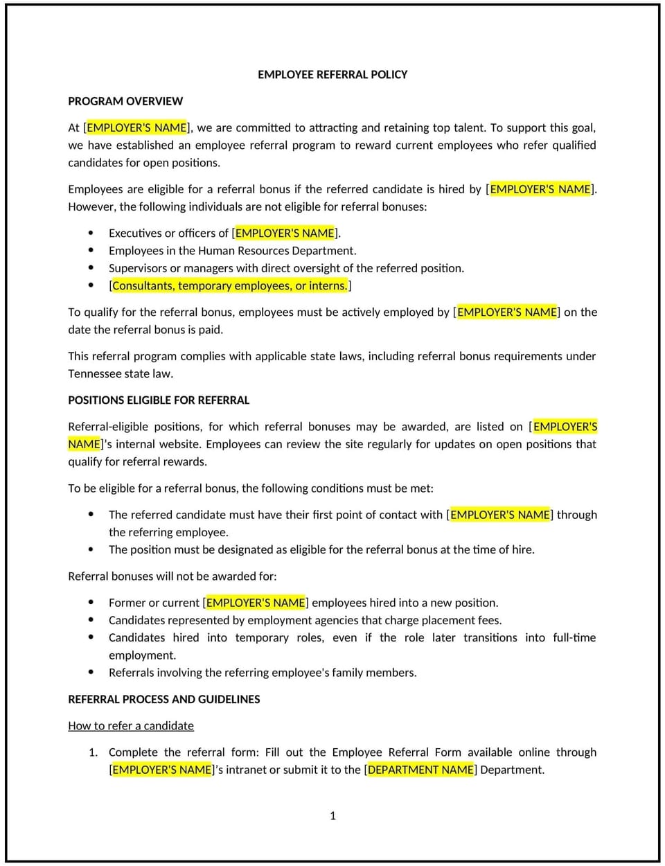 Employee referral policy (Tennessee): Free template