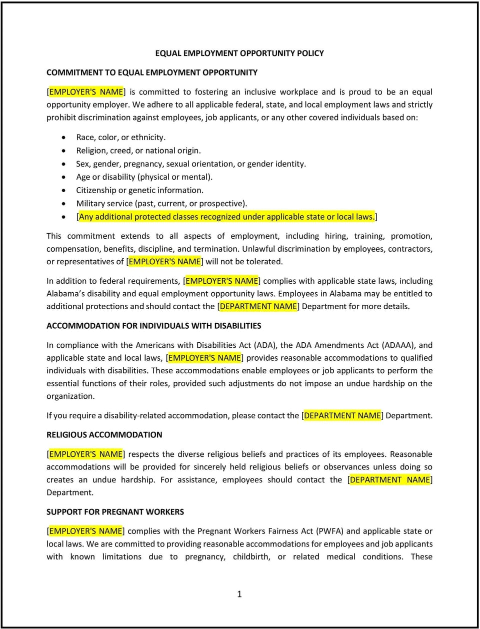 Equal employment opportunity policy (Alabama): Free template