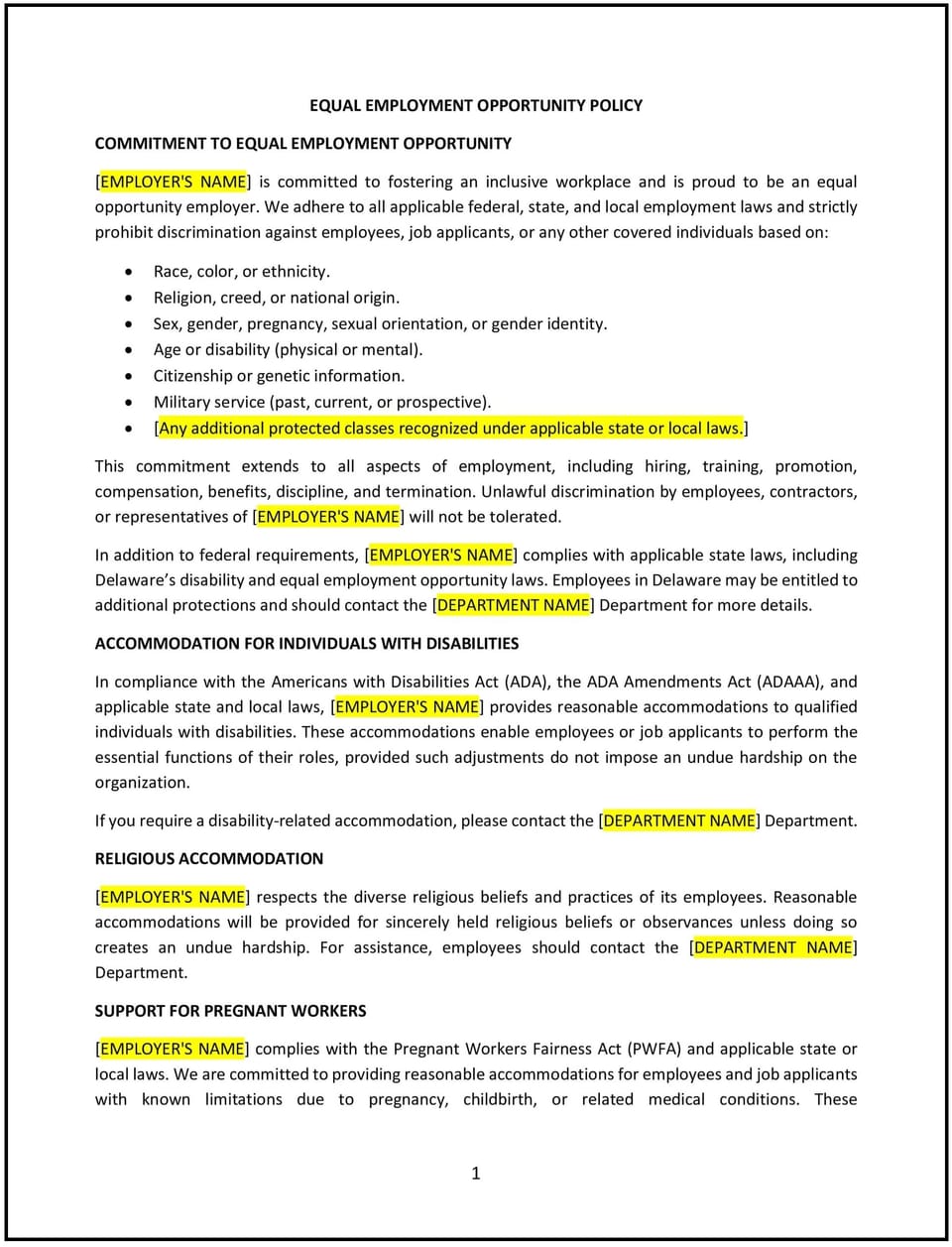 Equal employment opportunity policy (Delaware): Free template