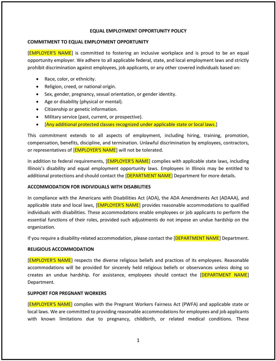 Equal employment opportunity policy (Illinois): Free template