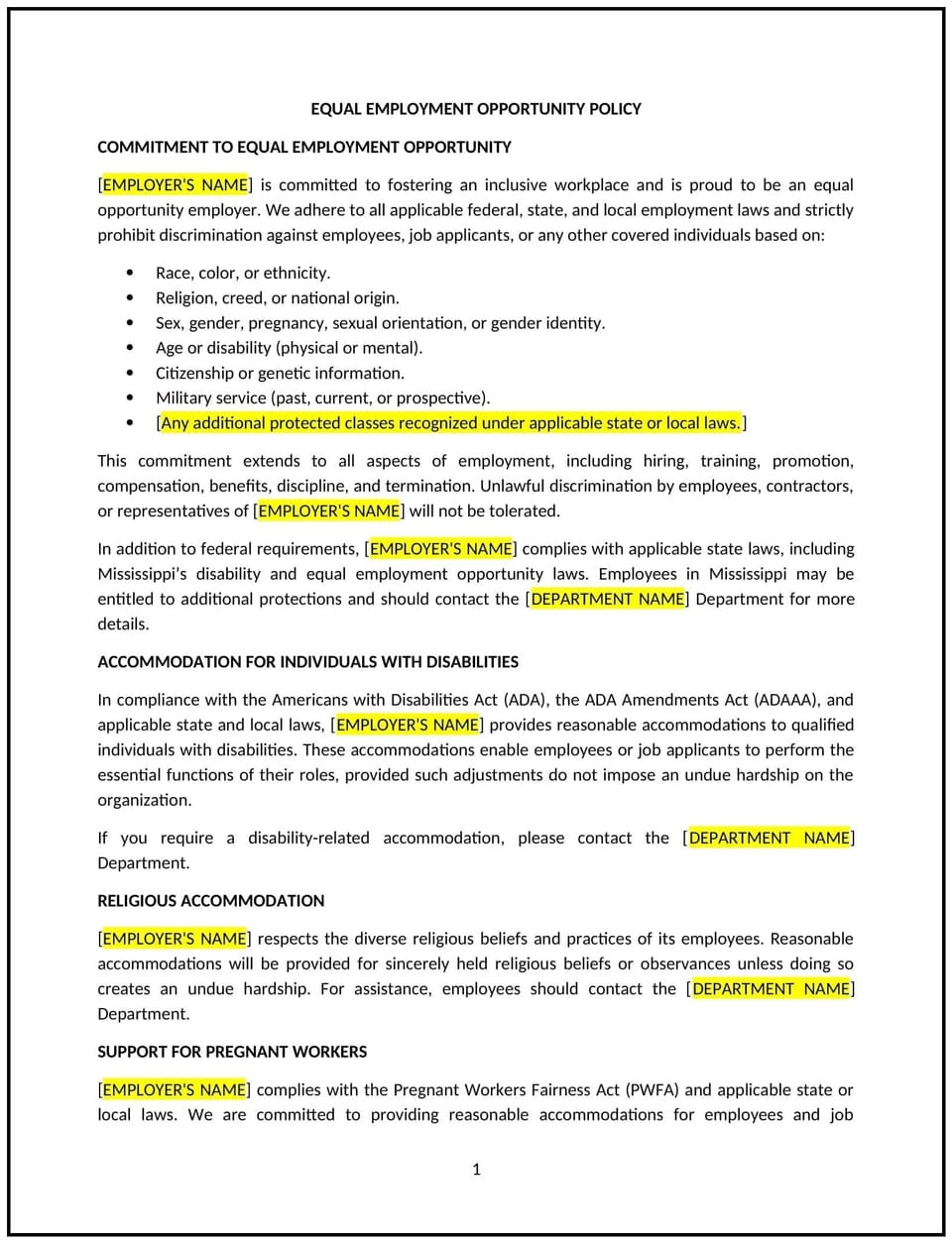 Equal employment opportunity policy (Mississippi): Free template