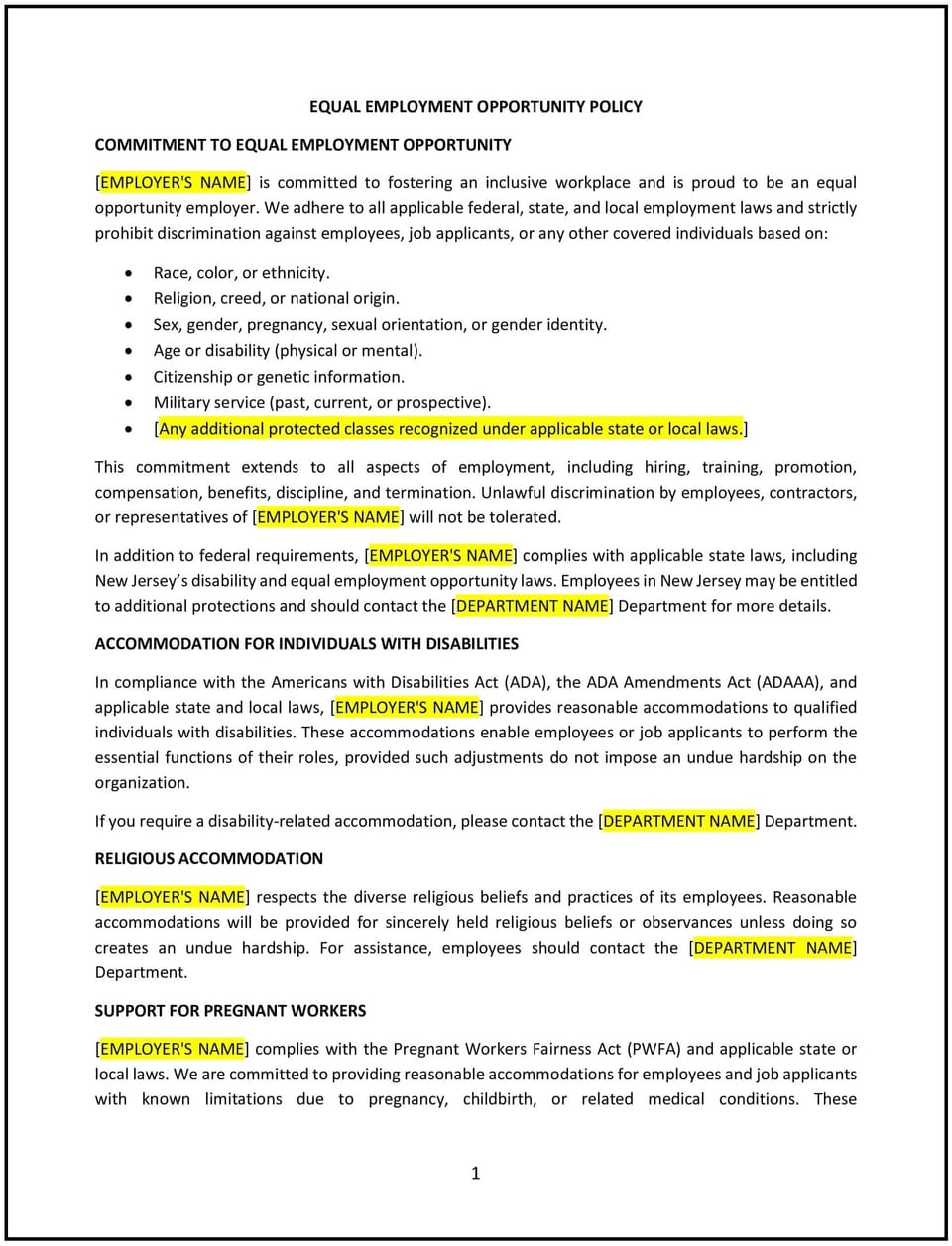 Equal employment opportunity policy (New Jersey): Free template