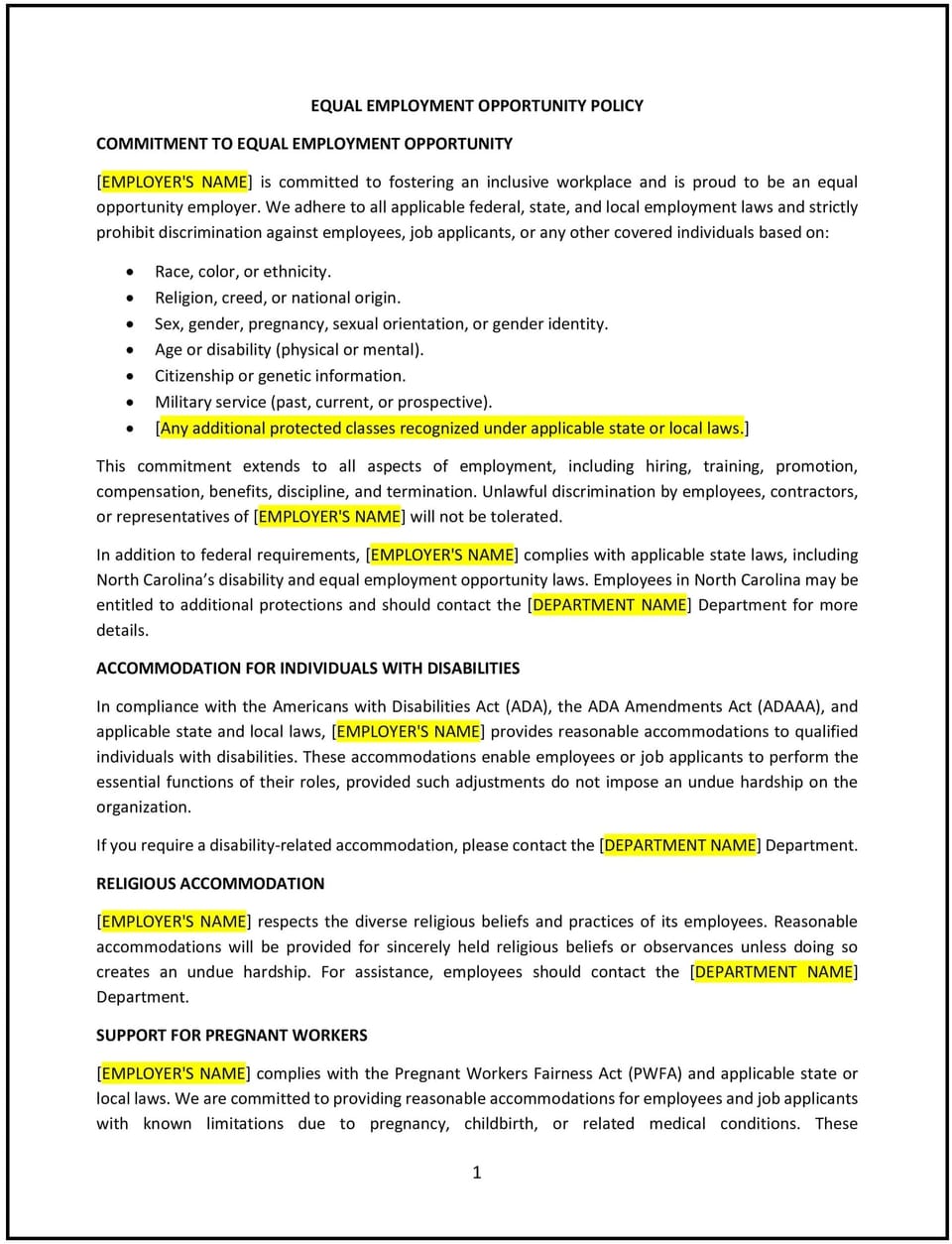 Equal employment opportunity policy (North Carolina): Free template