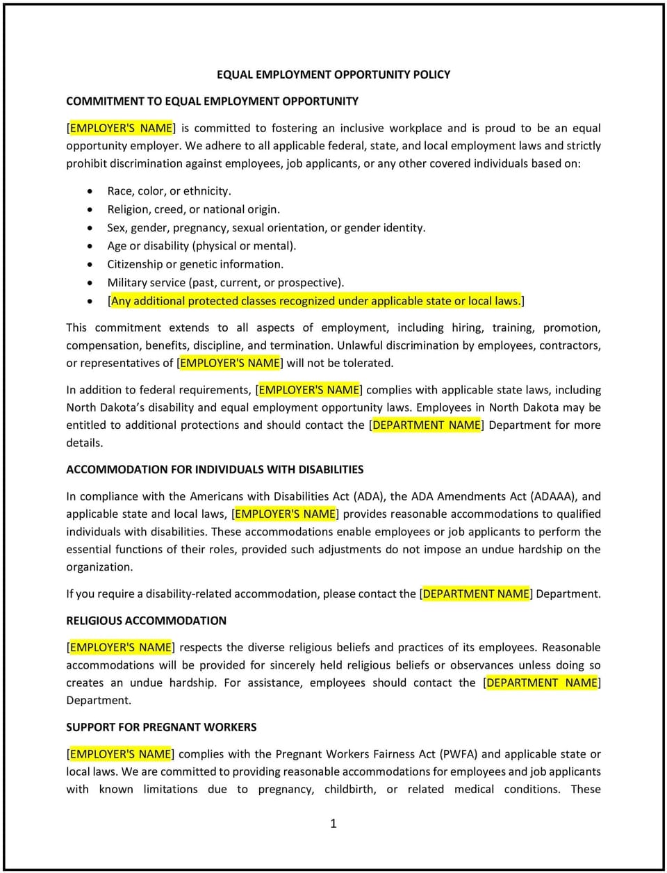 Equal employment opportunity policy (North Dakota): Free template