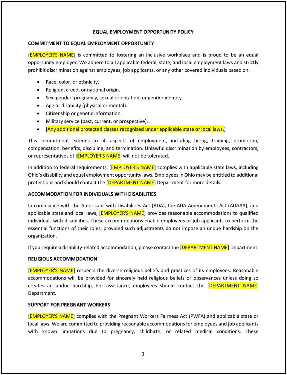 Equal employment opportunity policy (Ohio): Free template