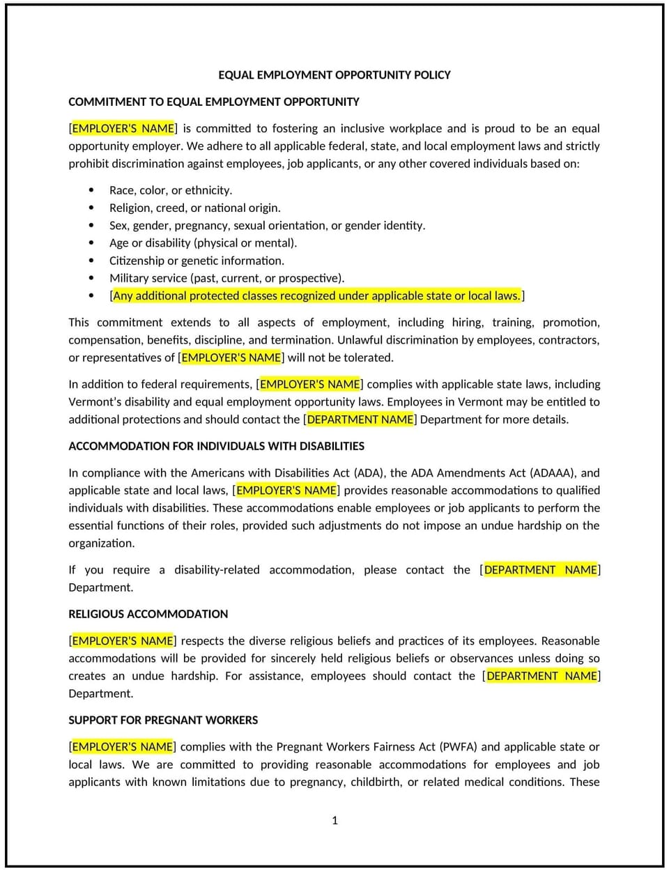 Equal employment opportunity policy (Vermont): Free template