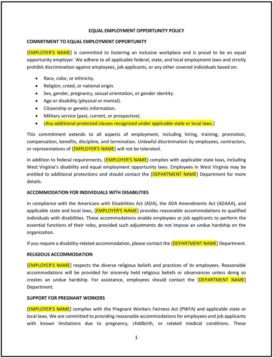 Equal employment opportunity policy (West Virginia): Free template
