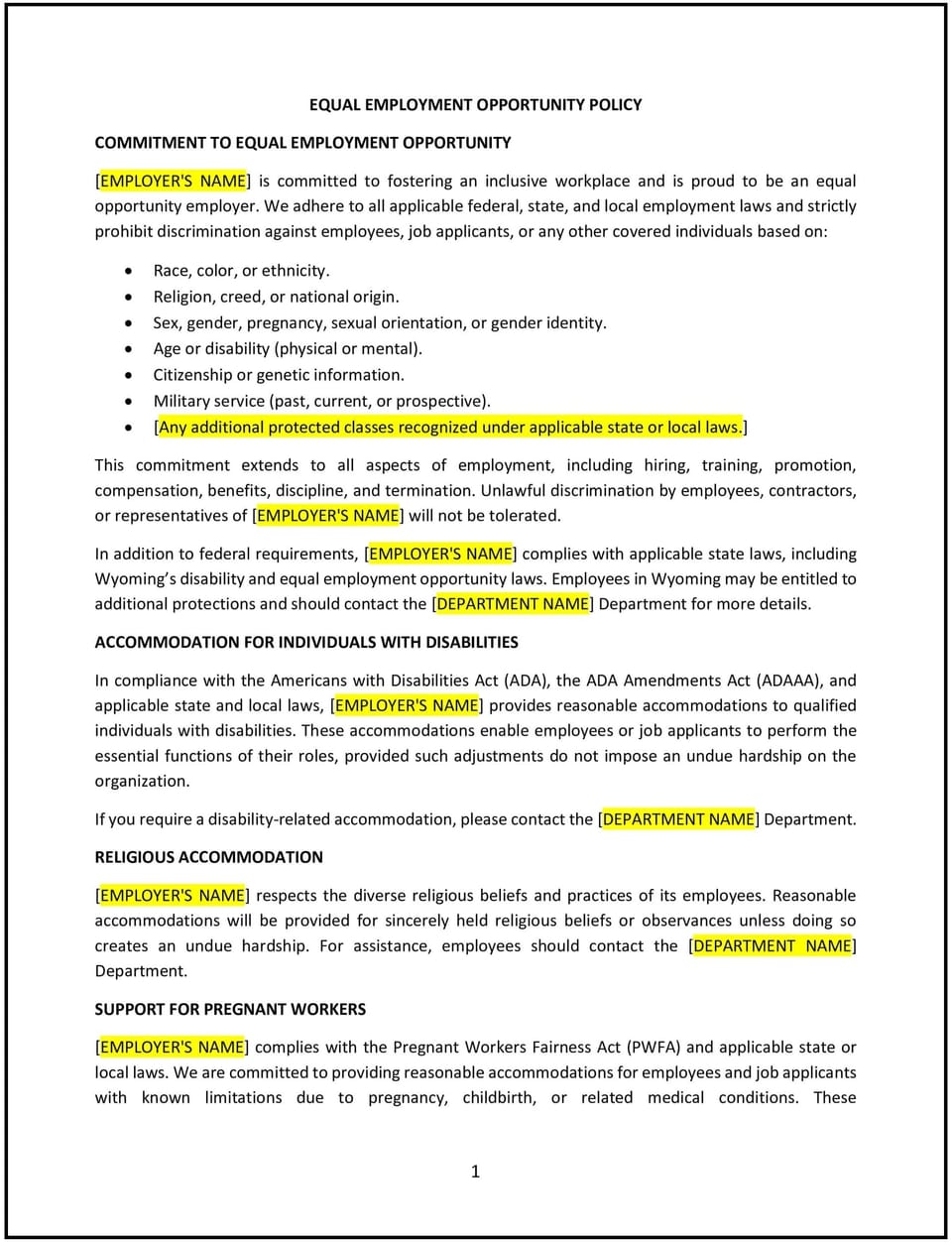 Equal employment opportunity policy (Wyoming): Free template
