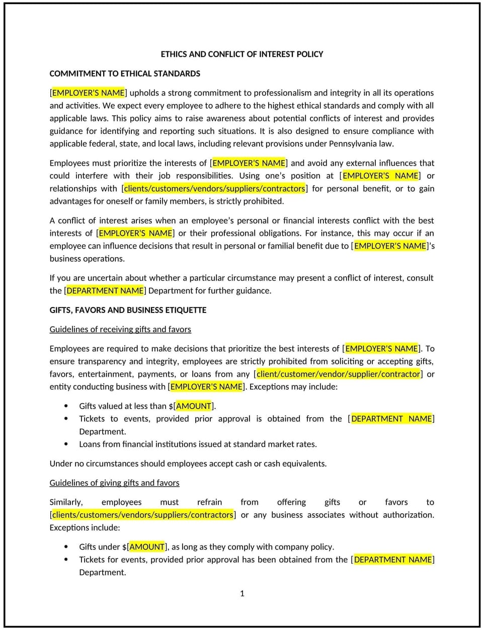 Ethics and conflict of interest policy (Pennsylvania): Free template