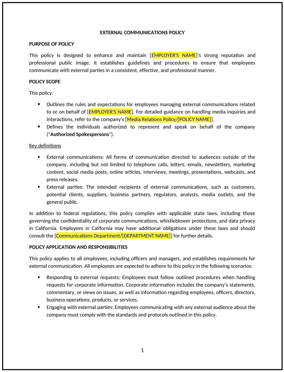 External communications policy (California): Free template