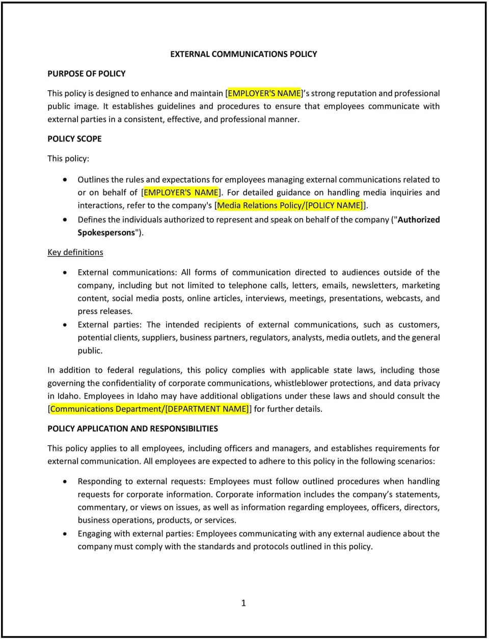 External communications policy (Idaho): Free template
