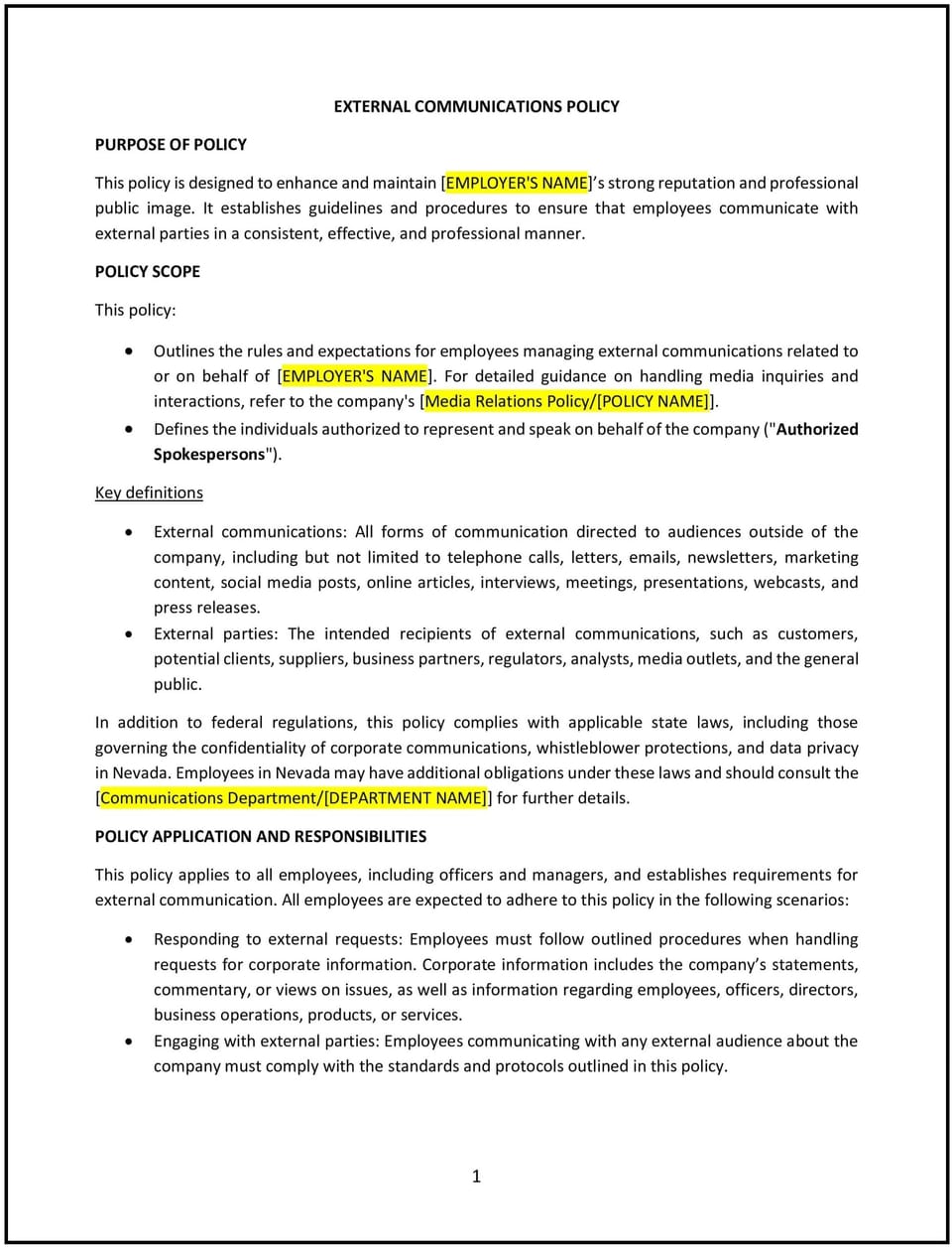 External communications policy (Nevada): Free template