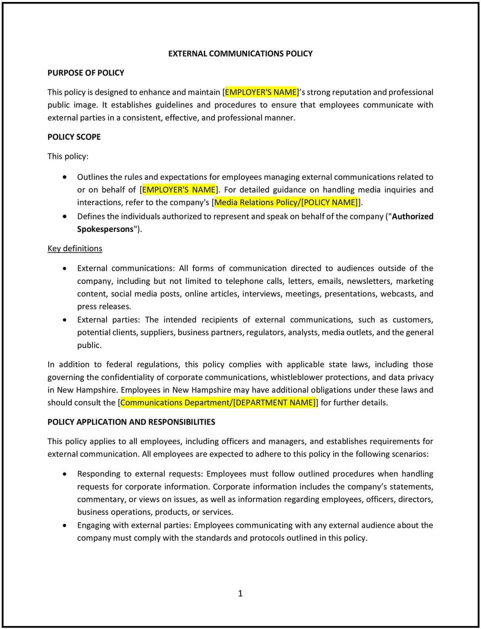 External communications policy (New Hampshire): Free template
