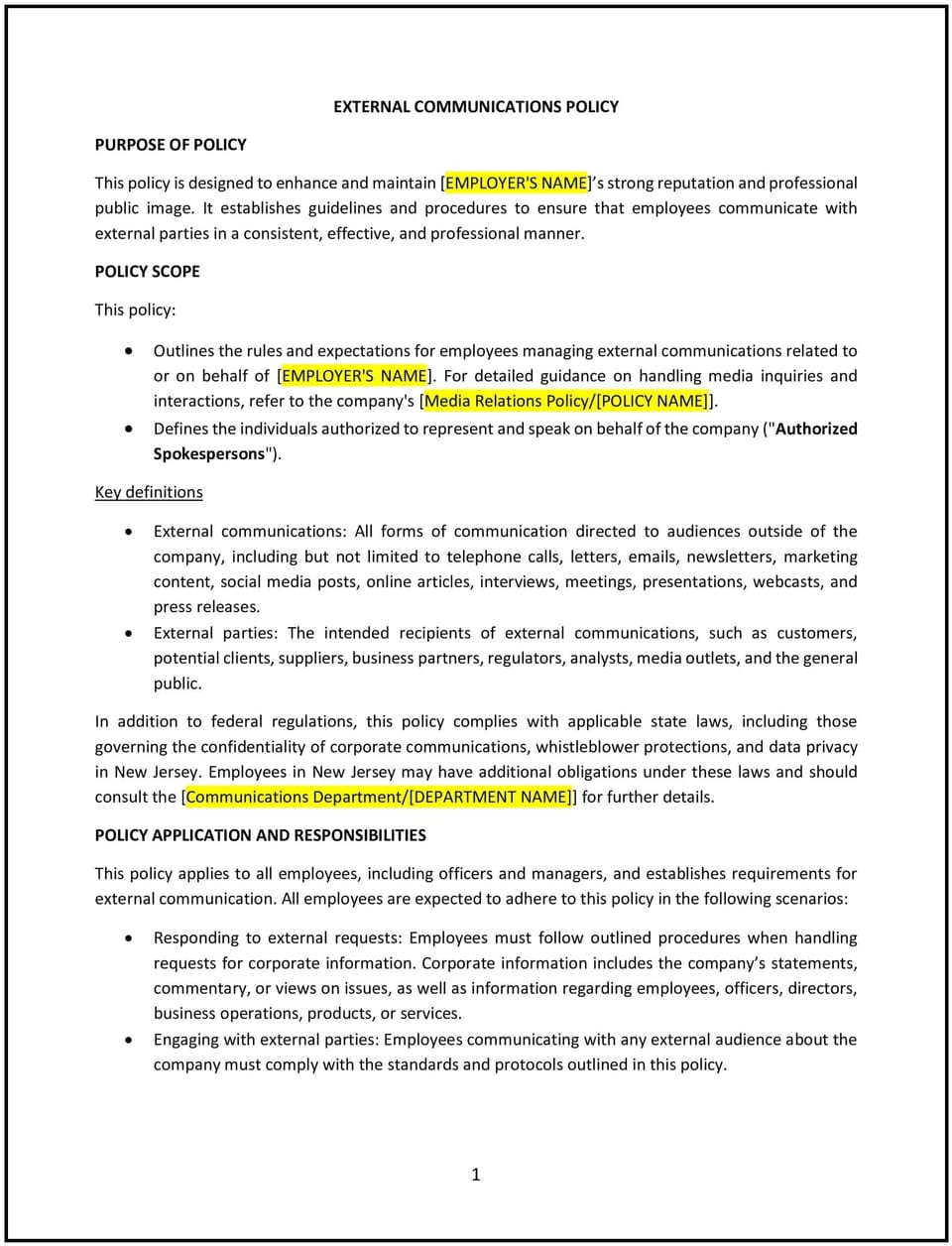 External communications policy (New Jersey): Free template