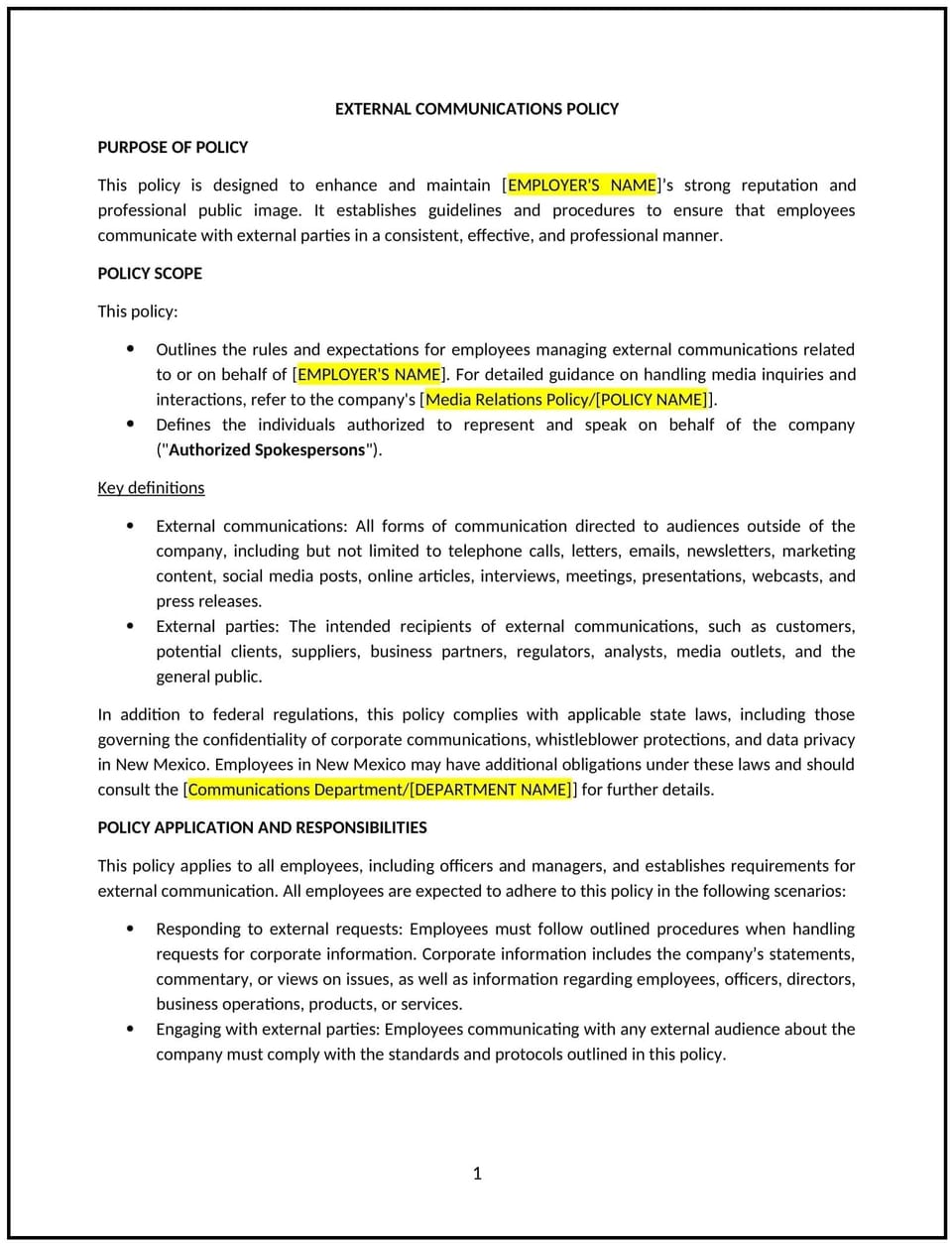 External communications policy (New Mexico): Free template