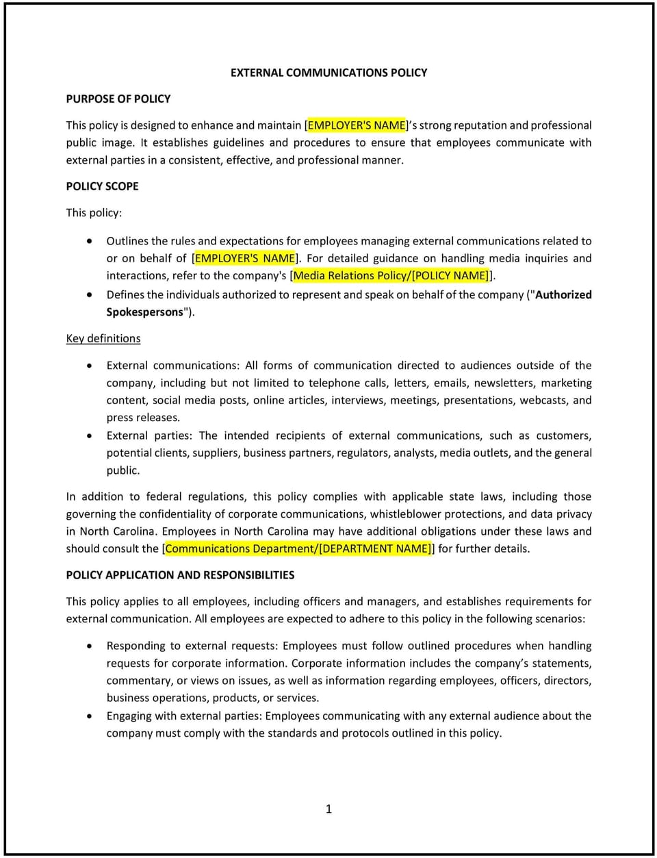 External communications policy (North Carolina): Free template