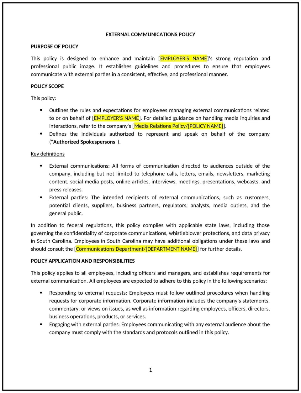 External communications policy (South Carolina): Free template
