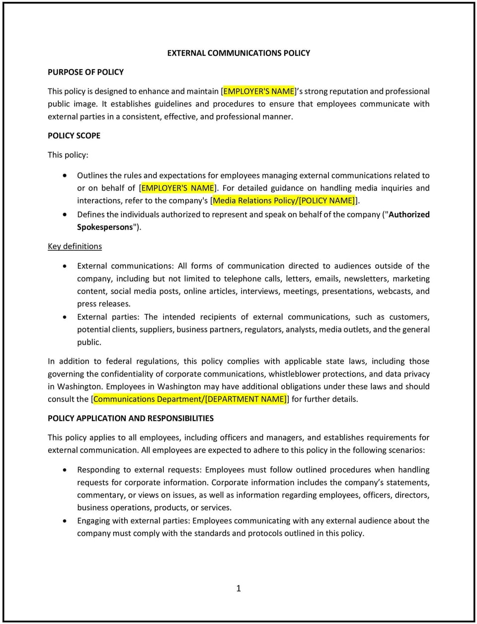 External communications policy (Washington): Free template