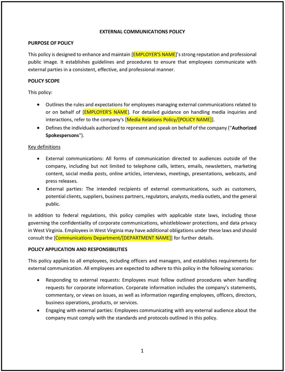 External communications policy (West Virginia): Free template