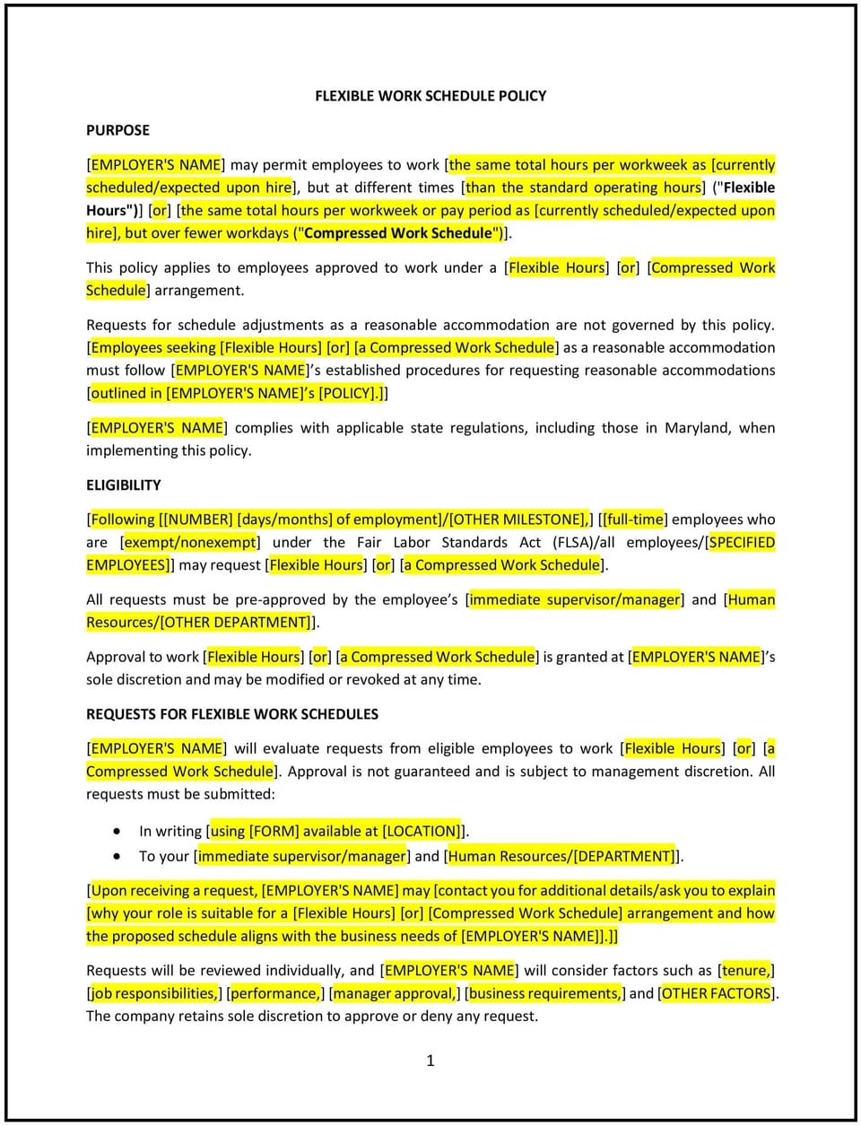 Flexible work schedule policy (Maryland): Free template