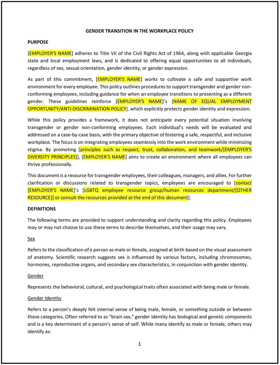 Gender transition in the workplace policy (Georgia): Free template