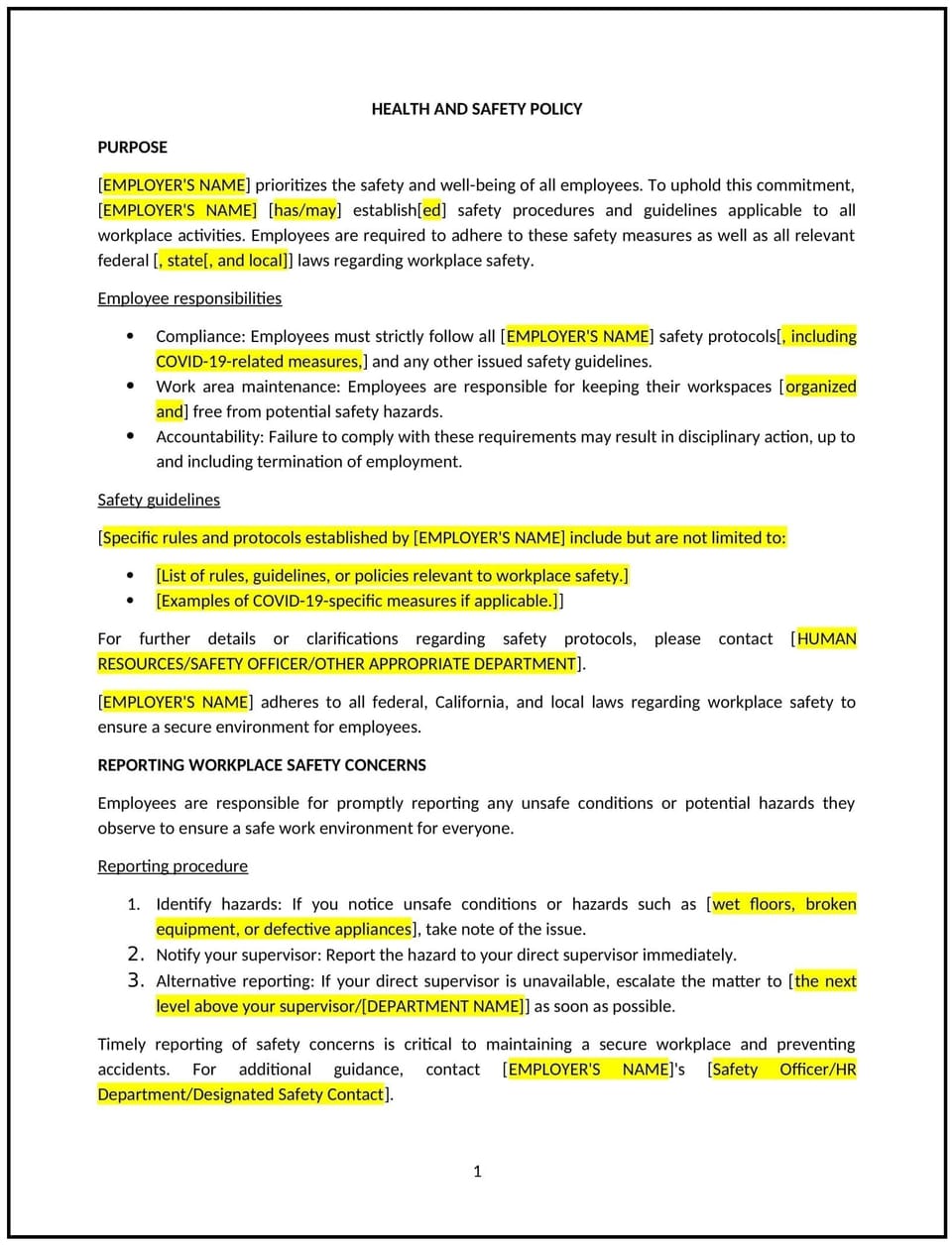 Health and safety policy (California): Free template