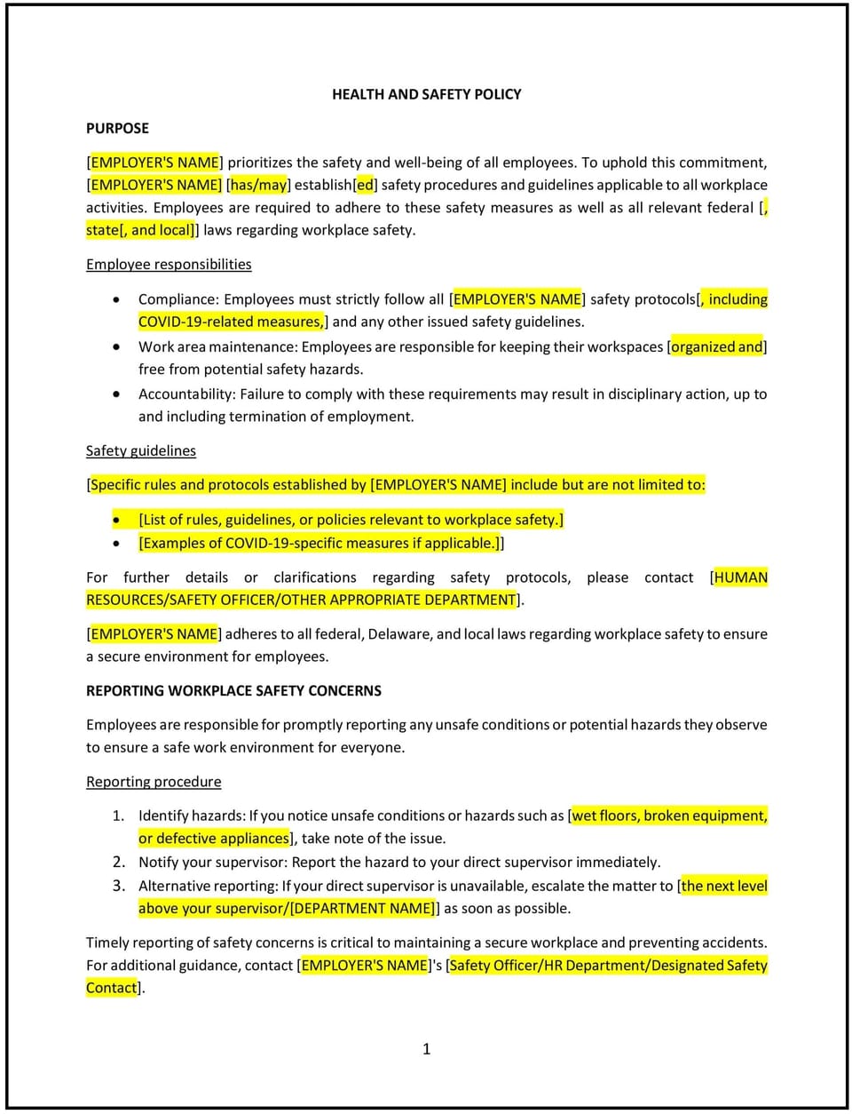 Health and safety policy (Delaware): Free template