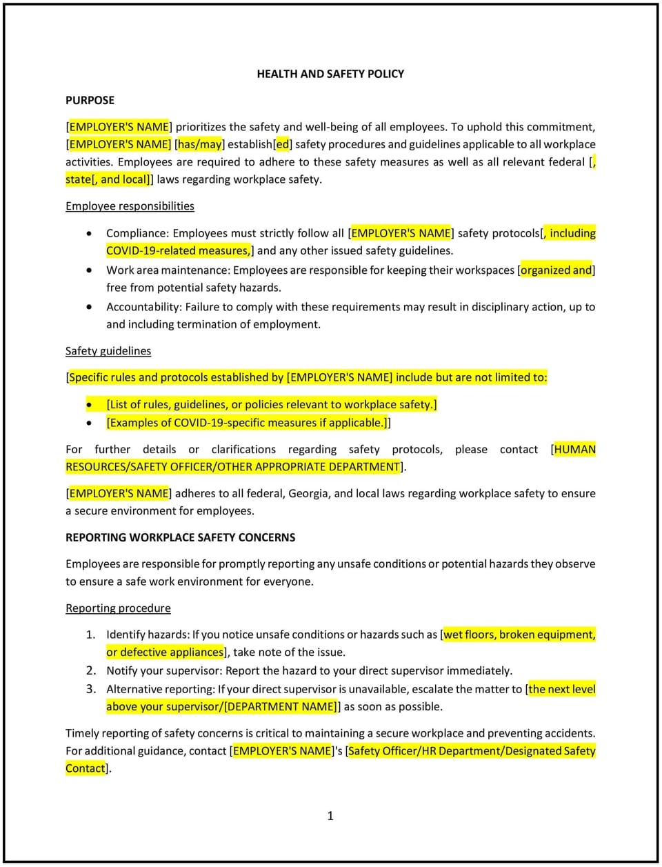 Health and safety policy (Georgia): Free template