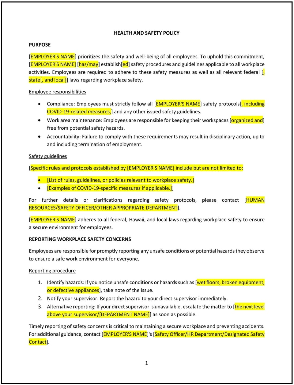 Health and safety policy (Hawaiʻi): Free template