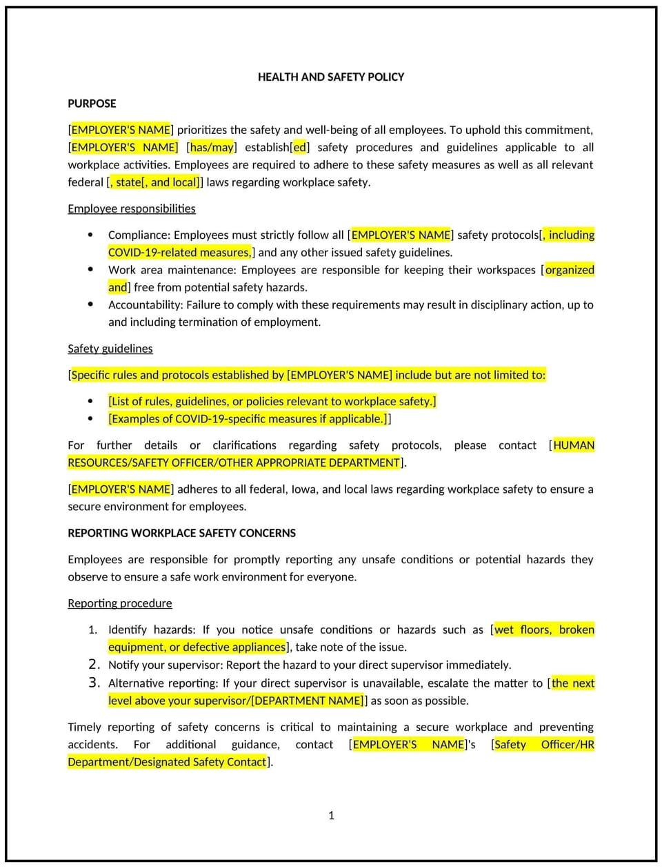 Health and safety policy (Iowa): Free template