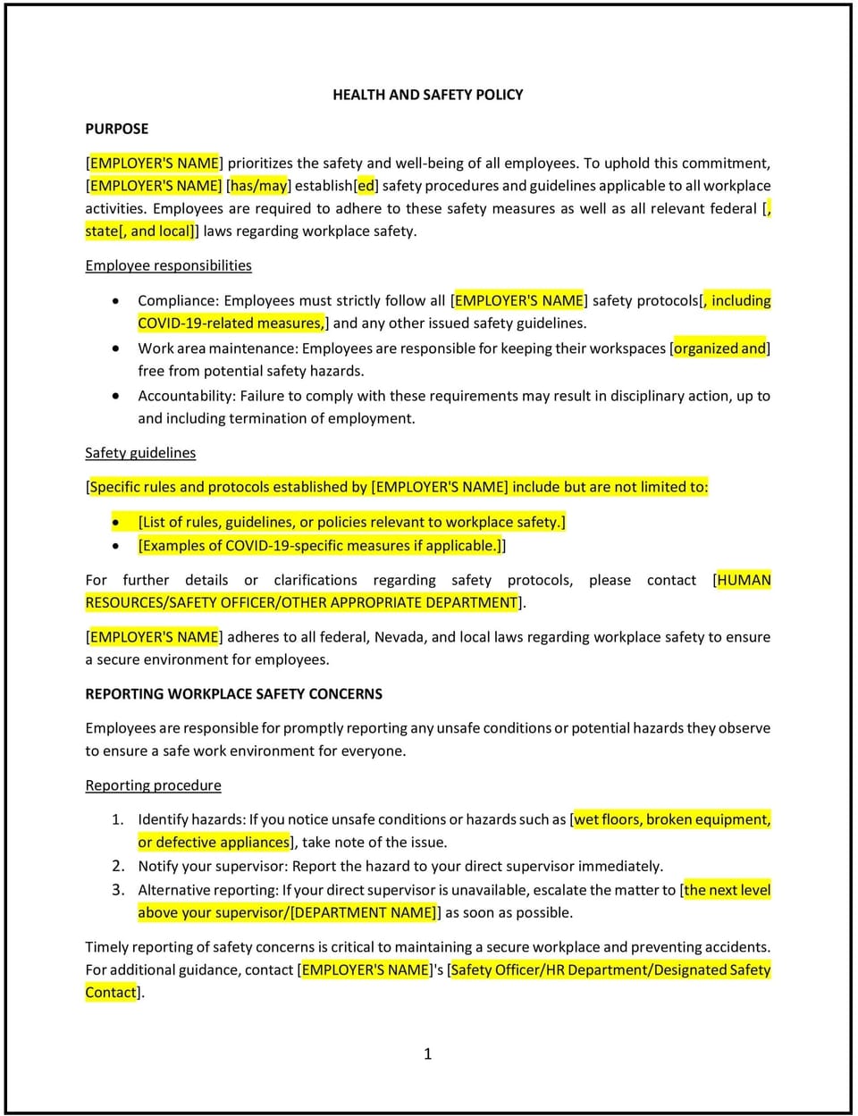 Health and safety policy (Nevada): Free template